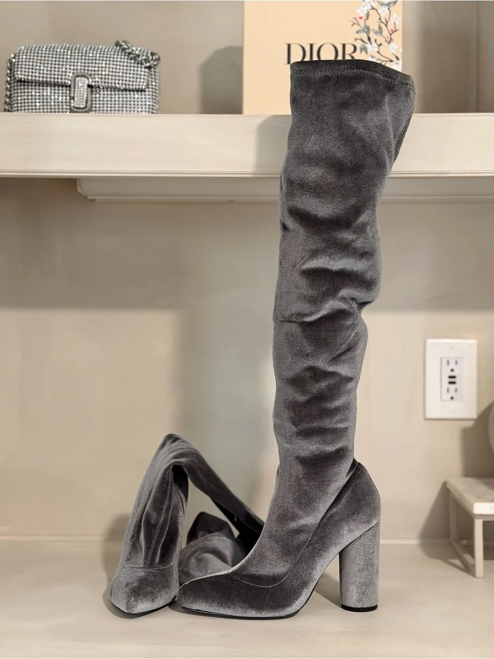 Women's Gray Velvet Over-The-Knee Boots